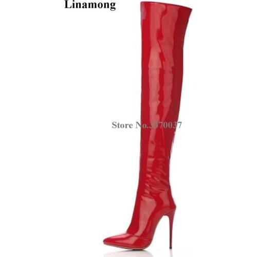 Brand Design Women Sexy Pointed Toe Patent Leather Over Knee Thin Heel Boots Slim Style Red Black Mirror Leather Long Boots