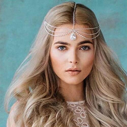 Bohemian brides forehead sparkle hair chain Rhinestone Wedding Jewelry Gold crystal headchain Indian hair accessories