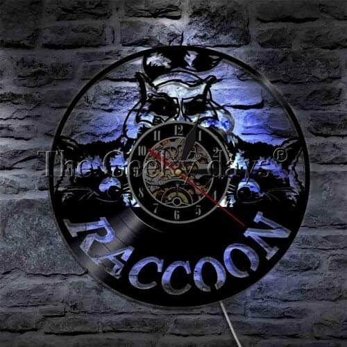 Raccoons LED Wall Art Raccoons Family Glowing Led Lamp Nature Wildlife Kid Room Night Light Decorative Vinyl Clock