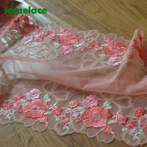 1Yd 30cm Wide Transparent Pink Gazue Pink Mirror Floral Embroidery High Quality Lace Trim For Garments And Wedding Decoration