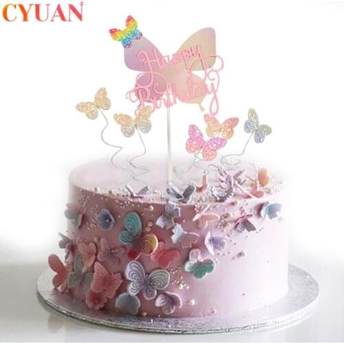 Laser Butterfly Cake Topper Happy Birthday Topper Cake Wedding Dessert Decor Baby Shower Birthday Party Cake Decorating Supplies