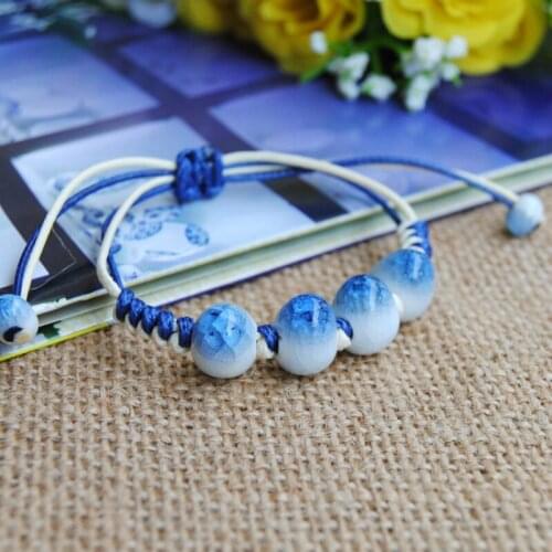 Cute Girls Chinese Style Ceramics Blue Beads Braided Bracelet Women Good Lucky Green Wrist Bracelet Female Jewelry Party Gift
