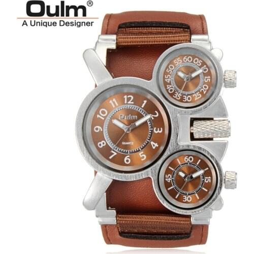 Fashion Oulm Brand Cool Leather & Canvas Strap Men High Quality Military Army 3 Time Zone Sport Outdoor Wrist Quartz Men Watches