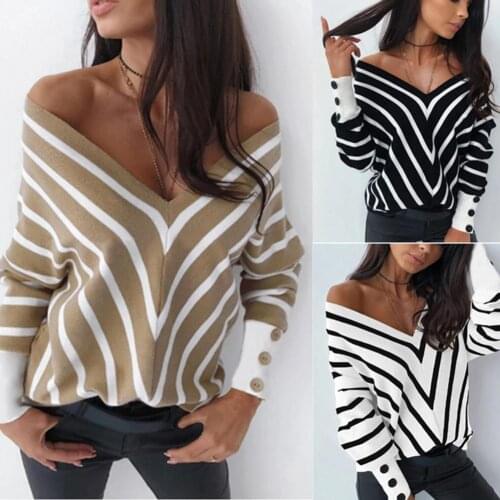 80% New Arrival！！! Women Long Sleeve Deep V Neck Stripes Print Blouse Off Shoulder Buttons T-shirt