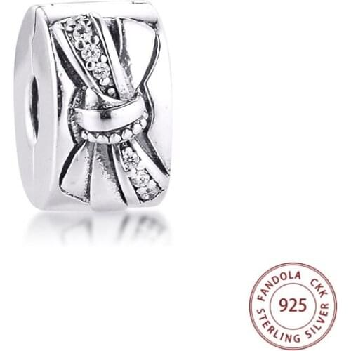 Shiny Bow Clip Charm Fits Pandora Bracelet Argent 925 Sterling Silver Clear CZ Beads for Jewelry Making Berloques Wholesale
