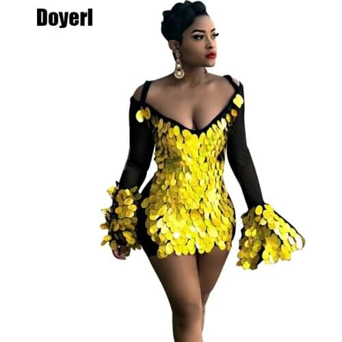 Sexy Sequin Party Dress Women Autumn Flare Long Sleeve Deep V Neck Bodycon Glitter Dress Elegant Patchwork Black Mini Club Dress