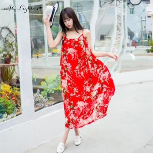 Boho Chic Womens Red Floral Maxi Dress Summer Beach Dresses Sundress Women Spaghetti StrapLong Oversized Bohemian Dress 2020