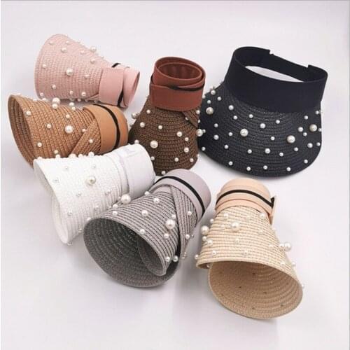 Pearl Collapsible Summer Women Straw Hat Solid Color Fashion Shading Outdoor Big Brim Empty Top Hat Beach Cap