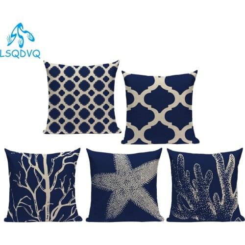 Dark Blue Geometric Wave Line Starfish Coral Throw Pillows Case Polyester Lumbar Pillow Cover Cushion Cover Living Room Decor