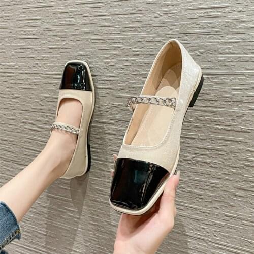 Patent Leather square toe mary janes shoes women 2021 moccasins chic mixed color pearl chain loafers woman flats plus size 40-43