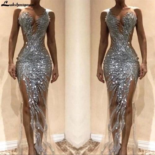 Gorgeous Silver Mermaid Long Prom Dresses 2019 Sexy See Through Tulle Bodice Split Long Women Occasion Evening Gowns