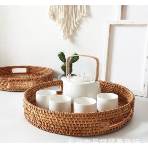 Vietnam Hand Woven Cane Woven Grass Woven Fruit Bowl Fruit Basket Tea Tray Tray Round Handle Creative Storage Basket