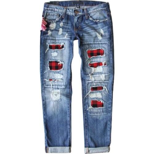 Women Jeans Fashion Ripped Hole Plaid Patch Patchwork Long Jeans Denim Pants Trousers Womens Clothing 2021