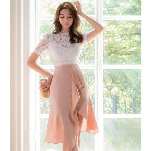 Irregular Office Sexy 2 piece suit korean ladies Summer White lace tops and pink Skirt night party set for women clothing