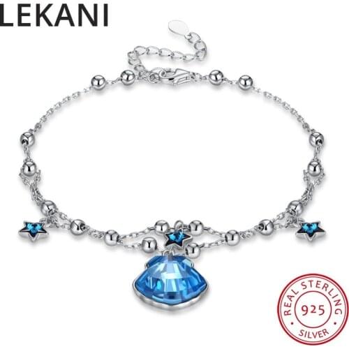 LEKANI Luxury Fine Jewelry Blue Crystal From SWAROVSKI 925 Silver Beads Strand Bracelet Bangles Double Chains Women Accessories