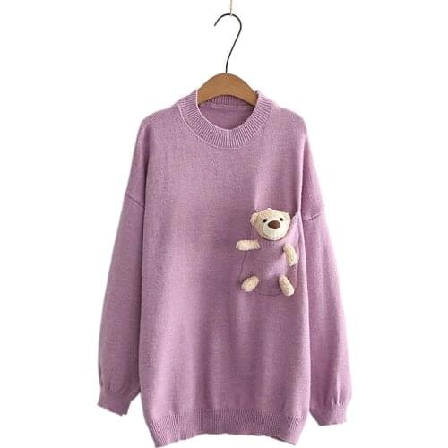 2021 Winter Cartoon Bear Sweaters Women Long Sleeve O-neck Thic Warm Jumpers Korean Chic Knit Pullover Sweet Kawaii Cute Top