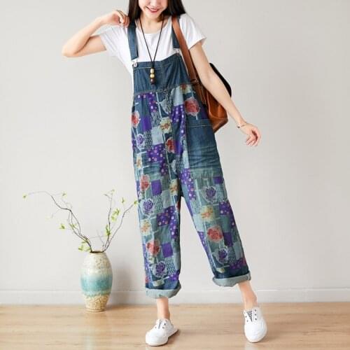 Women Thin Printed Holes Wide Leg Vintage Jumpsuit Pants Ladies Print Loose Patchwork Ripped Overalls Female Rompers 2019 Summer