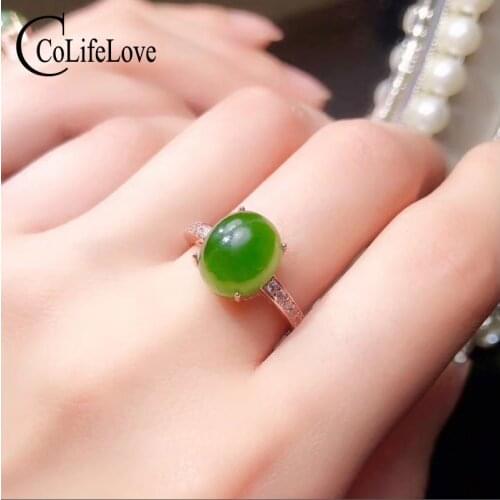 CoLife Jewelry Classic Jasper Ring for Daily Wear 9mm*11mm Natural Jasper Silver Jewelry 925 Silver Green Jade Ring
