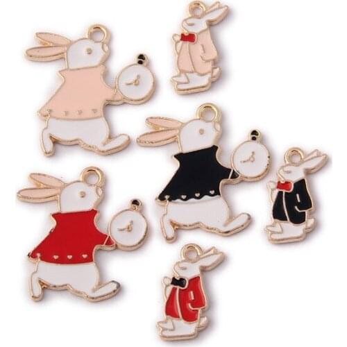 10Pcs Alice Series Clock Rabbite Enamel Charms DIY Earrings Bracelet Pendant Accessories For Jewelry Making Handmade Craft