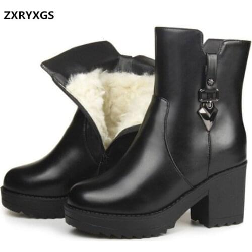 100% Top Cowhide Full Wool Warm Boots Winter Leather Boots Snow Boots Large Size Women Shoes Thick Heel Non-slip Martin Boots