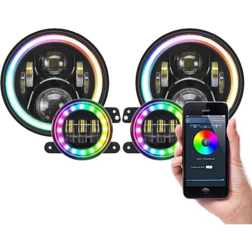 7 Inch Round RGB Led Headlights With Halo DOT Approved Bluetooth Controlled Fog Lights For Jeep Wrangler JL