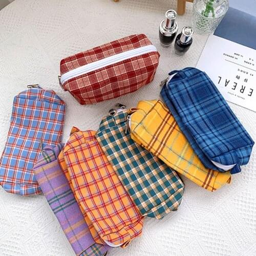 Large Capacity INS Lattice Grid Pen Bag Vintage Pencil Case Pencil Pouch for Stationery Cosmetics Brush Travel School Supplies