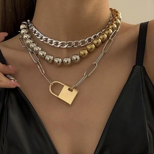 Fashion Exaggerated Punk Mixed Color Round Bead Chain Geometric Ladies Necklace Retro Hip Hop Gold Lock Pendant Necklace Jewelry