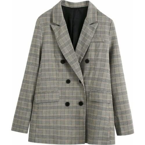 Elegant grey plaid women jacket 2021 autumn fashion lady breasted double blazer streetwear female causal blazer girls chic suits