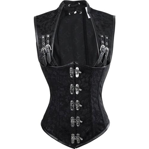 Gothic Women Black Brocade Steel Boned Vest Underbust Buckle Corset Bustier