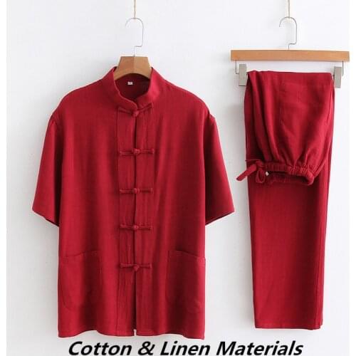 Unisex Tang Suits Men Linen Cotton Summer Short Sleeve Clothing Jacket + Pants Chinese Style Button Chinese martial Art Hanfu