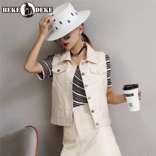 Genuine Leather Sleeveless Jackets Ladies Solid Lapel Single-Breasted Slim Fit Short Waistcoat Spring Autumn Sheepskin Vests