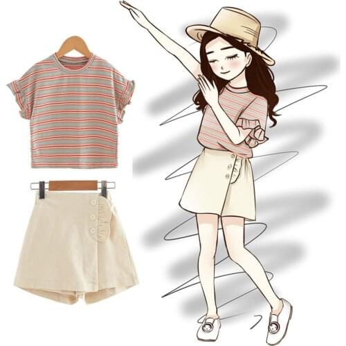 Summer Girl Clothing Sets 4-14 Years Kids Short Sleeve Striped T Shirts + Skirt Shorts Teenager Girls Clothes 2Pieces Pour Fill