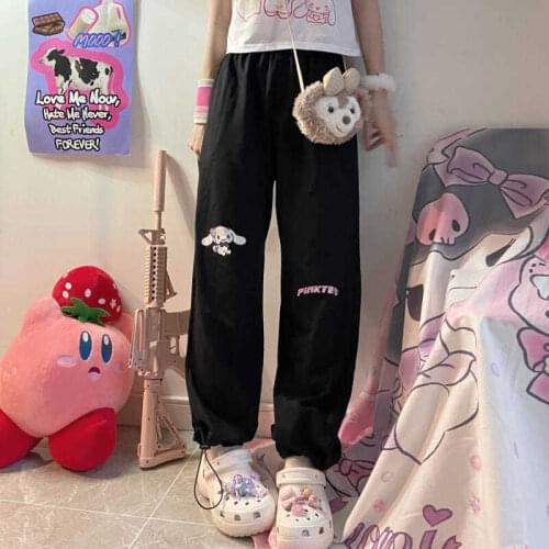 MINGLIUSILI Anime Pants Kawaii Early Autumn Print Wide Leg Pant Fashion Japanese Cute Joggers Women High Waist Casual Clothes