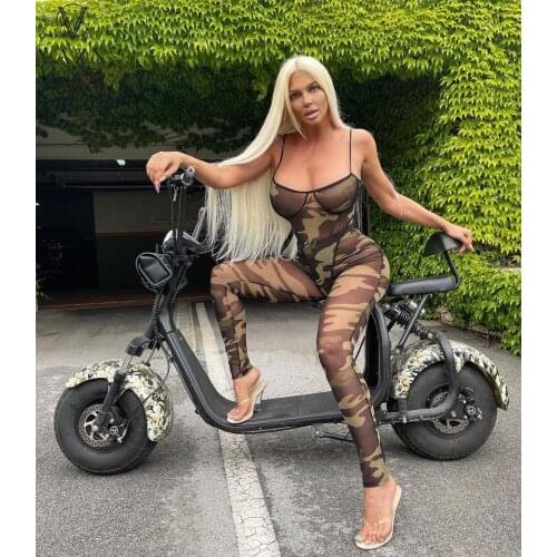 VAZN 2021 New Camouflage Sexy See Through Lace Bodysuits Sleeveless Top Long Pants High Waist Skinny Women 2 Piece Set