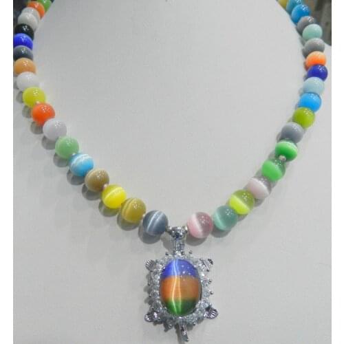 New 8mm multicolor Sri Lanka Moonstone Gems Crystal Tortoise Pendant Necklace