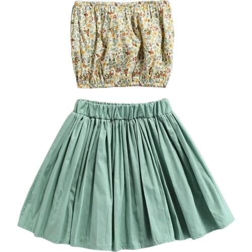 New 2 Pieces Kids Suit Set, Summer Flower Print Sleeveless Strapless Tops+ Solid Color Pleated Skirt, Green, 1-6 Years