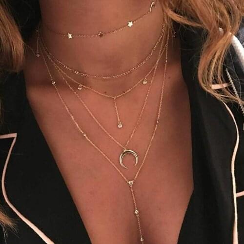 New Fashion Jewelry Multilayer Beads Long Chain Necklaces For Women Moon Star Pendant Choker Vintage Necklace Girl Necklaces