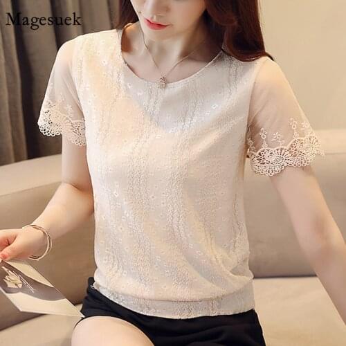 Plus Size 2021 Chiffon Shirt Summer Elegant Lace Mesh Slim Women Tops and Blouses O Neck Blusas Femininas Tops Women Shirts