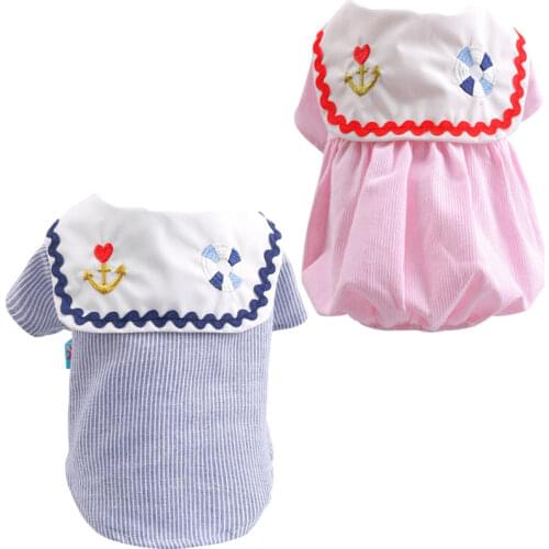 Pink Blue Dog Shirt Dress Strips Short-Sleeved Navy Style Cat Dresses Big Lapel With Anchor Fluffy Girl Tshirt Skirt Pet Clothes