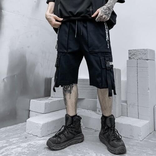 High street shorts mens summer loose hip-hop functional style overalls dark black five-point pants