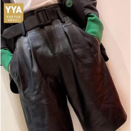 Brand 100%Real Leather Shorts Women Autumn Winter Sheepskin Casual Wide Leg Shorts Streetwear Sashes Black Shorts Plus Size 4XL
