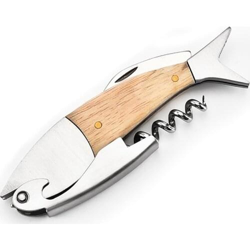 Cute Fish Shaped Wine Opener Wood Handle Professional Metal Openers Multifunction Portable Screw Corkscrew Wine Bottle Opener