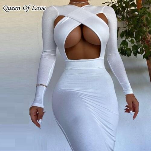 Sexy Long Sleeve Cross Neck Hollow Cut Out Long Dress 2021 New Autumn Winter Fashion Women Bodycon Club Party Dresses Outfit