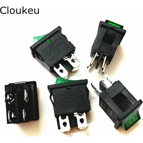 5Pcs 15*21MM Rocker Switch Green With lamp KCD1-104N 4Pin 2File Seesaw switch 6A250V 10A125V Power switch
