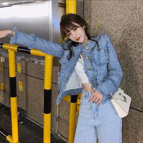 New Fashion Spring Autumn Elegant Small Fragrance Wind Tweed Jacket Women Tassel Metal Single Breasted Slim Short Top Jacket