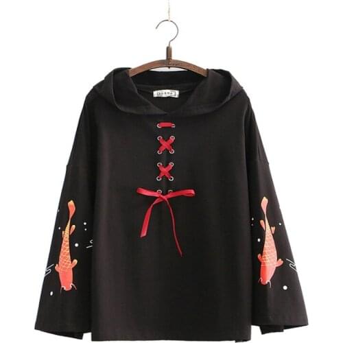 Women Hoodies And Sweatshirts Cartoon Fish Print Lace Up Flare Sleeve Hooded Tracksuits 2020 New Korean Style Female Pullover