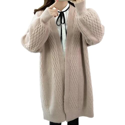 Women Autumn Winter Long Sleeve Open Front Cardigan Mid-length Warm Knit Coat