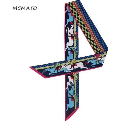 2019 New Horse knight Scarf Small Print Women Silk Scarf Fashion Brand Head Scarf Handle Bag Hair Ribbons Long Scarves Wholesale