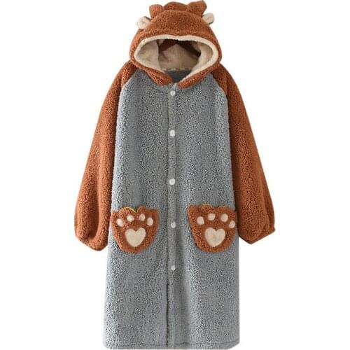 Winter Cartoon Cute Bear Paw Women Home Pajamas Ladies Hooded Soft Pajama Suit Keep Warm Long Style Oversized Sleepwear Bathrobe