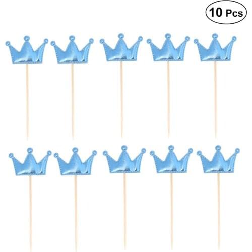 10Pcs Disposable Cupcake Toppers Bright PU Leather Crown Shape Party Favors for Kids Birthday Cake Decoration(Blue)